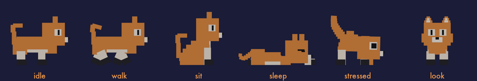 Six voxel cat poses in a row: idle, walk, sit, sleep, stressed, and facing forward