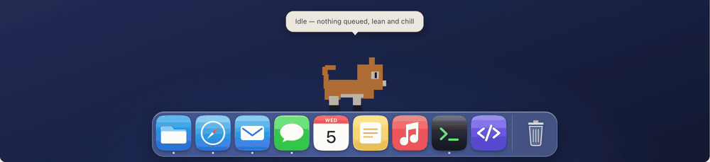 A small orange voxel cat walking along a macOS dock, sleeping in a corner, and bristling when the CPU spikes
